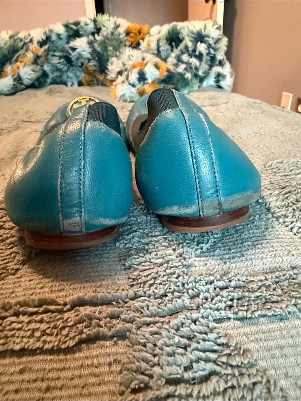 Tory Burch Teal Leather Logo Ballet Flats